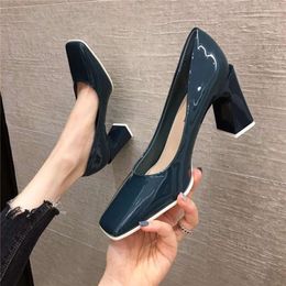 Shoes for Woman 2024 Office Women's Summer Footwear Normal Leather Casual High Heels Square Toe Pumps Blue on Heeled Beau Today
