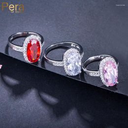 Wedding Rings Pera Gorgeous Pink Red CZ Crystal Big Oval Round Shape Women Engagement Bands Hand Finger Jewelry Accessories R082