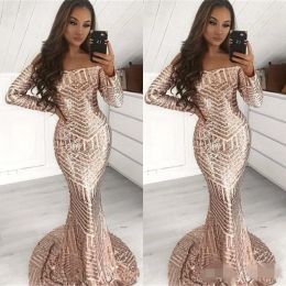 Sparkly Rose Gold Sequins Prom Dresses Off the Shoulder Mermaid Sweep Train Long Sleeves Custom Made Evening Party Gown Formal Occasion Wear