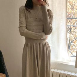 Casual Dresses Half High Neck Knitted Dress Women's Spring Fall A Line Slim Puff Sleeve Long 2 Colors 2024