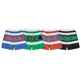 Rhude High Street Trendy Brand Contrast Colour Spliced Letter Printed Shorts Summer Loose Quick Drying Sports Beach Casual Pants