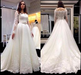 2024 Long Sleeves Wedding Dresses A Line Lace Applique Off the Shoulder Covered Buttons Back Beaded Sash Wedding Gown
