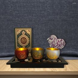 Candle Holders Wooden Stone Plate Crafts Eid Mubarak Glass Holder Set For Home Islamic Muslim Festival Party Decoration