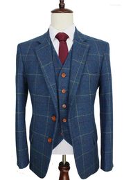 Men's Suits High Quality Wool Blue Tweed Plaid Man Retro Gentleman Style Groom Tuxedos Custom Made Wedding (Jacket Pants Vest)