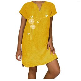 Casual Dresses Women'S Summer Fashion Print Short-Sleeve V-Neck Loose Cotton Linen Dress Evening