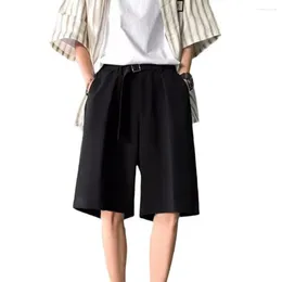 Men's Shorts Thin Men Versatile Suit Mid-rise With Belt Solid Colour Straight Wide Leg Office Knee Length