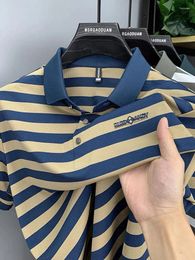 Men's Polos High End Brand Short Sleeve POLO Shirt Summer Fashionable Striped Exquisite Button Design Top Ice Silk T-shirt