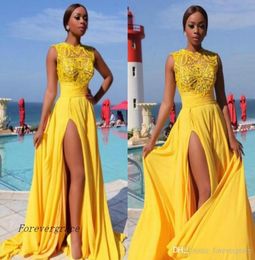 2019 Yellow Chiffon Prom Dress Arabic Cheap Simple High Split Sexy Formal Summer Holidays Wear Evening Party Gown Custom Made Plus1732400