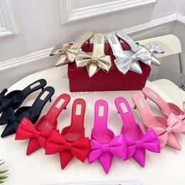 Silk bow pointed toe 6cm stiletto Heel slippers mules genuine leather outsole sandals women's luxury designer flat bottom slippers 35-42 with box