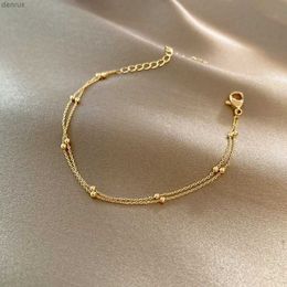 Bangle Trendy Double Layers Small Round Beads Bracelet Womens Hand Bracelets Gold Colour Chain Simple Female Ball Bracelet JewelryL240417