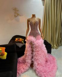 Pink Sparkly Mermaid Evening Birthday Gala Dresses for Black Girl Luxury Diamond Ruffles Slit Ceremony Evening Party Dress 2024
