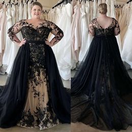 Siyah Elbiseler 2023 Düğün Gotik Deniz Kızı Sıkıştırılabilir Tren İllüzyonu Uzun Kollu Artı Boyut Gelin Elbise Dantel Aplikler Mürettebat Boyun Vintage Gelin Giyim