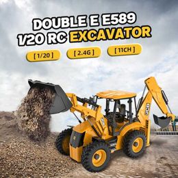 Diecast Model Cars 1/20 RC Car Dual E 11CH Remote Control Excavator JCB Backhoe Loader Light Sound Construction Truck Electric Toy E589 J240417