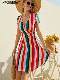 Summer Striped Print Midi Dresses For Women Casual White Boho Beach Dress Fashion V Neck A-line New In Dresses 2024 240415