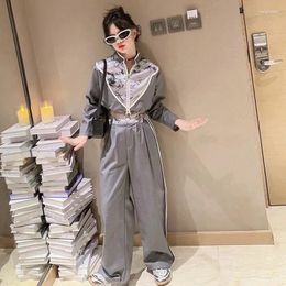 Clothing Sets Girls' China-Chic Style Texture Fashion 2024 Spring Pattern Triangle Neck Patchwork Suit Coat Straight Pants