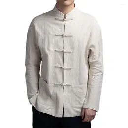 Men's Casual Shirts Chinese Style Men Shirt Top Mandarin Collar Long Sleeve Pockets Disc Button Traditional Tai Chi Tang Tops