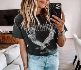 Super Chic Summer Round Neck Pullover Cotton Womens Tshirt Black Bing Eagle Print Tee