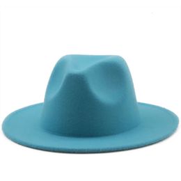 All-match Wide Brim Fedora Hat For Women Solid Colour Wool Felt Hat For Men Autumn Winter Panama Gamble white Jazz Cap 56-61cm 240415