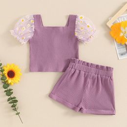 Clothing Sets Fhutpw Toddler Baby Girls Clothes Ribbed Knit Daisy Mesh Short Sleeve Crop Tops Shorts 1T 2T 3T 4T 5T Summer Outfits