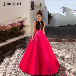 Party Dresses JaneVini 2024 Elegant Fuchsia Long Prom A Line O Neck Sequins Top Sleeveless Sheer Back Formal Satin Dress Floor Length