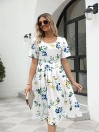 2024 Summer New Womens Fashion and Elegant Printed Round Neck Short Sleeve Zipper Dress in Europe and America 240415