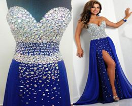 Bling Royal Blue Prom Dresses Real Pictures Sweetheart Crystal Evening Gowns High Slit New Beaded Vestidos Diam Formal Long Party 3702902