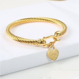 Bangle Titanium Steel Wire Gold Color Love Heart Charm Bracelet With Hook Closure For Women Men Wedding Jewelry Gifts1 Drop Delivery Dhf91