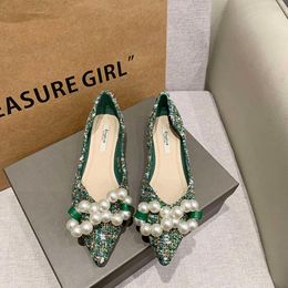 Women's Summer Footwear Pearl Pointed Toe Shoes for Woman 2023 Flats Flat Green Chic and Elegant Wholesale Non Slip Shoe 39 on A