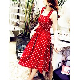 여름 Befree Beach Long Vintage Dots 캐주얼 주름 우아한 Maxi 스트랩 Camis Silky Dress Ondidos 섹시한 여자 여자