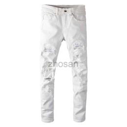 Men's Jeans Sokotoo Mens White Crystal Holes Ripped Fashion Slim Skinny Rhinestone Stretch Denim Pants d240417