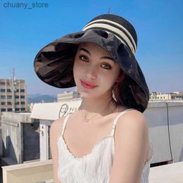 Visors Summer New Hat Womens Versatile Knitted Stripe Sunscreen Empty Top Hat Outdoor Tourism Sunshade Hat Folding Too Y240417
