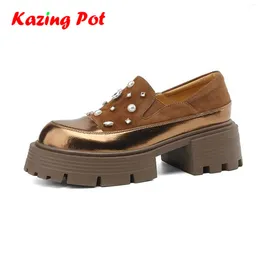 Dress Shoes Krazing Pot Sheep Suede Chunky Heels Round Toe Slip On Pearl Preppy Style Natural Leather Flat Platform Casual Women Ins Pumps