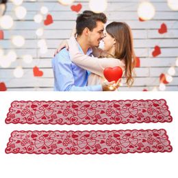 Table Cloth 2 Pcs Wedding Runner Love Heart Print Lace Red Decoration For Valentine's Day Anniversary Party 71.7x13in