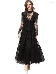 Casual Dresses High Quality Fashion Runway Summer Vestidos Women Lace Stand Neck Sheer Waist Long Sleeves Princess Style Midi Dress