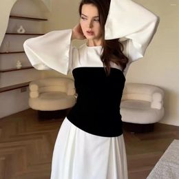 Casual Dresses Black And White Patchwork Abayas For Women Long-sleeved Slim Spring Summer Robes Muslim Female Clothing Vestidos