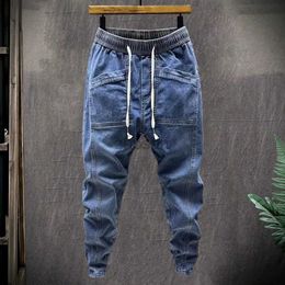 Men's Jeans Elastic Waist Mens Drawstring Denim Cargo Pants With Pockets Solid Color Harem Trousers For Spring Autumn d240417