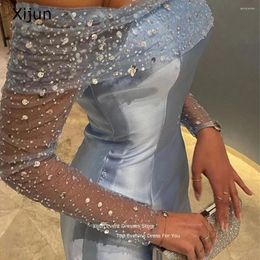 Party Dresses Xijun Blue Glitter Prom Gowns Satin Evening Dreses Sequined Dress Boat Neck Sleeves Ankle Length Arabic