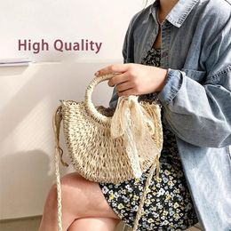 Totes Handmade Half-Round Rattan Woven Straw Bag Summer Women Messenger Crossbody Bags Girls Small Beach Handbag