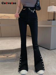 Women's Jeans Cotvotee High Waisted For Women 2024 Fashion Vintage Split Slim Button Black Pants Streetwear Flare Full Length