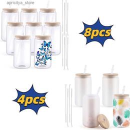 water bottle IKN9 Mugs HTVRONT 4/8 Pack 16OZ Clear/Frosted Glass Sublimation Tumblers with Bamboo Lid Sublimate Tumbler Blanks DIY for Iced Coffee Cups 240410 L48