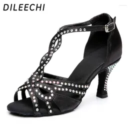 Dance Shoes DILEECHI Black Satin Rhinestones Latin Women's Ballroom Dancing British General High 7.5cm