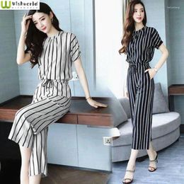 Women's Two Piece Pants Short Sleeve Striped Suit Spring And Summer 2024 Korean Version Slim Fit Fashion Casual Wide Leg Set