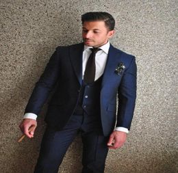 Brand New 2016 Groom Tuxedos Navy Blue Groomsmen Peak Lapel Man SuitBridegroomWeddingPromDinner Suits JacketPantsTieV2399453