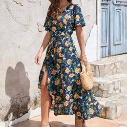 Casual Dresses Bohemian Style Summer Cross-Border V-neck Printed Irregular Lace-up Short-Sleeved Dress Beach Vacation