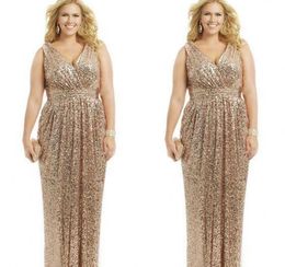 Sexy Plus Size Formal Evening Dresses Gold Sequin Sheath VNeck Capped Floor Length Party Gowns Formal Mother of the Bride Prom Dr1430310