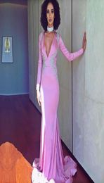 2018 Pink Evening Dresses Deep VNeck Long Sleeves Prom Gowns Back Zipper Sheath Sweep Train Custom Made Formal Party Gowns With A7927341