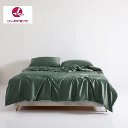 LivEsthete Luxury Dark Green 100% Silk Fitted Sheet Bedding Set Quilt Duvet Cover Pillowcase Double Queen King Bed Linen 240417