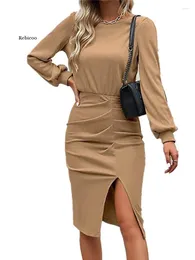 Casual Dresses Elegant Women Bodycon Midi Dress Autumn Winter Fashion Solid Lantern Long Sleeve Slit Slim 2024 Office Party Lady
