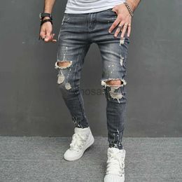 Men's Jeans Ripped Skinny Men Pencil Pants Stylish Male Hip Hop Speckle ink Printed Holes Distressed Stretch Denim Trousers For Mens d240417