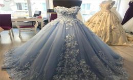 Elegant Lace Appliques Light Blue Tulle Ball Gowns Prom Dresses Sweetheart 3D Lace Flowers Evening Gowns6874328